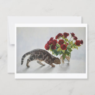 Carte Postale Chat et Roses rouges - Peinture réaliste à l'huile