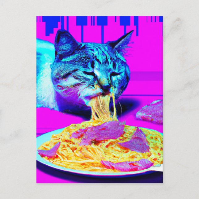 Carte Postale Chat étrange mangeant des spaghetti contenu généra (Devant)