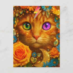 Carte Postale Chat floral rêveur aux yeux arc-en-ciel mystiques