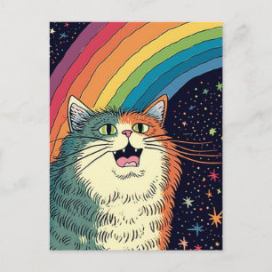 Carte Postale Chat Fluffy dans l'Espace Avec Arc-en-Ciel