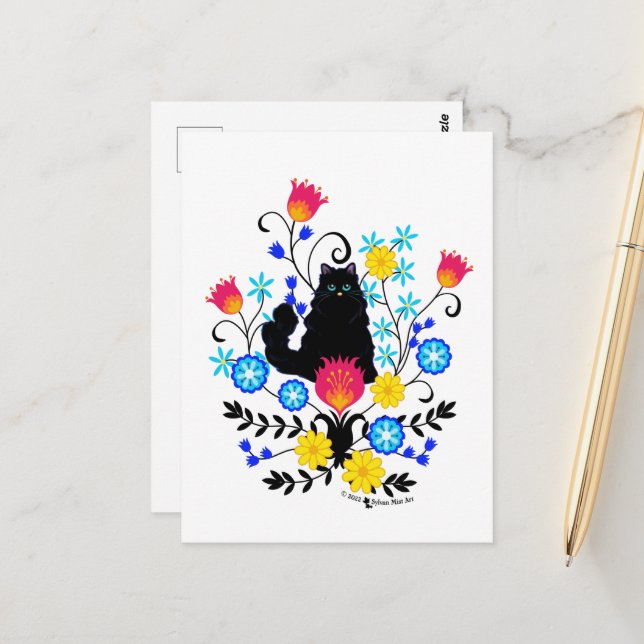 Carte Postale Chat Fluffy Noir avec Fleurs (Devant/Arrière en situation)
