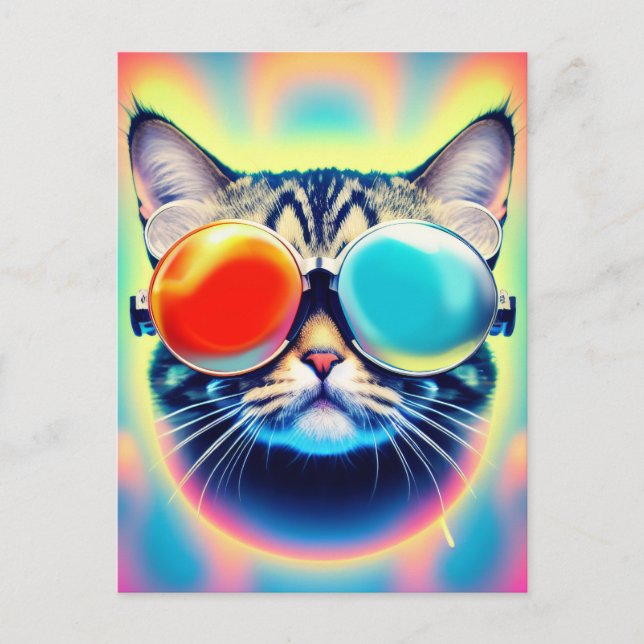 Carte Postale Chat Fou Psychédélique et Psychonaute (Devant)