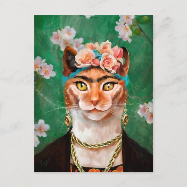 Carte Postale chat Frida avec fleurs (Devant)