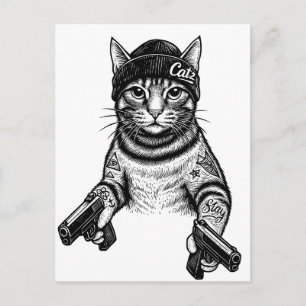 Carte Postale Chat gangster tatoué Art   Kitty Streetwear Cool