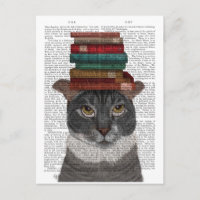 Chat gris avec des livres sur la tête