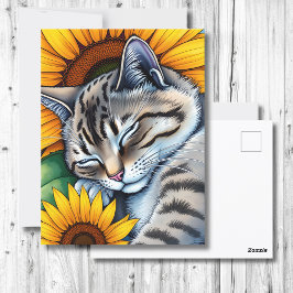 Carte Postale Chat gris et tournesol doux Napping