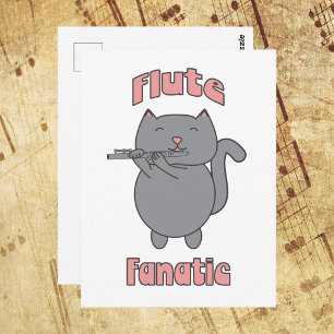 Carte Postale Chat gris fanatique de la flûte rose 