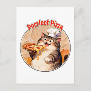 Carte Postale Chat heureux chef avec pizza