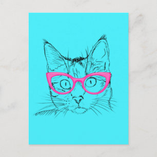 Carte Postale Chat Hipster bleu et rose