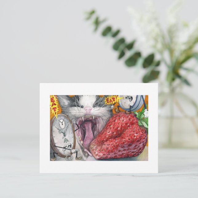 Carte Postale Chat, horloge et fraise (Debout devant)