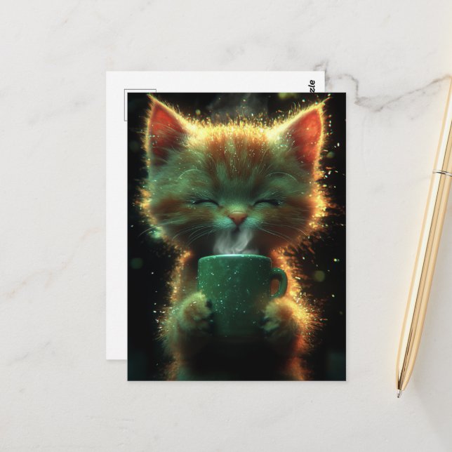 Carte Postale Chat Jouit de Café (Devant/Arrière en situation)