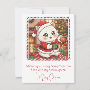 Carte Postale Chat Kawaii en tenue de Père Noël Noël