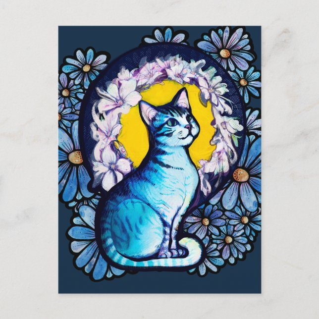 Carte Postale Chat Kitty Bleu Halo Mucha Style Floral (Devant)
