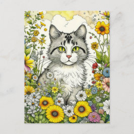 Carte Postale Chat kitty gris et blanc assis en fleurs