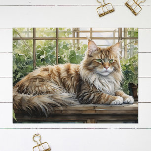 Carte Postale Chat Maine Coon dans un jardin intérieur cosy