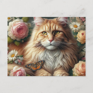 Carte Postale Chat Maine Coon victorien avec des roses roses 