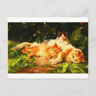 Carte Postale Chat mère vintage avec ses chatons joués