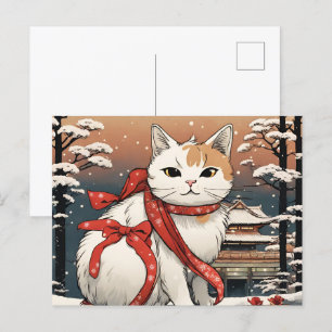Carte Postale chat mignon avec temple japonais pour amoureux de 