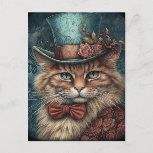 Carte Postale Chat mignon avec un Tophat bleu (Devant)