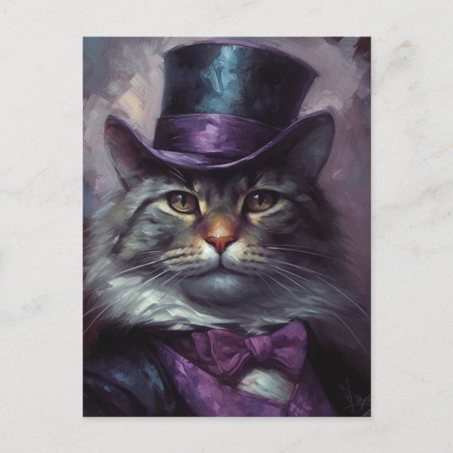 Carte Postale Chat mignon avec un Tophat noir et violet (Devant)