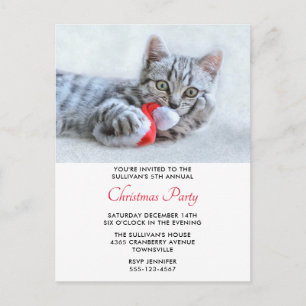Carte Postale Chat mignon Biting Rouge Noël Chapeau Noël Invitat