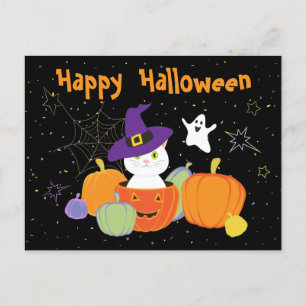 Carte Postale Chat mignon d'Halloween en Casquette sorcier