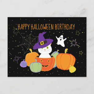 Carte Postale Chat mignon d'Halloween en Casquette sorcier