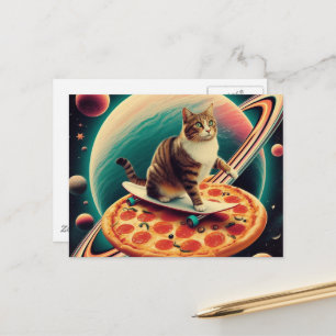 Carte Postale Chat mignon faisant du skateboard sur une planète 