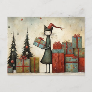 Carte Postale Chat mignon fantaisiste avec des cadeaux et un arb