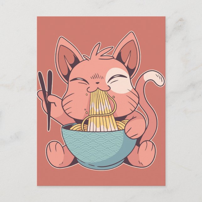 Carte Postale Chat mignon mangeant du Ramen (Devant)