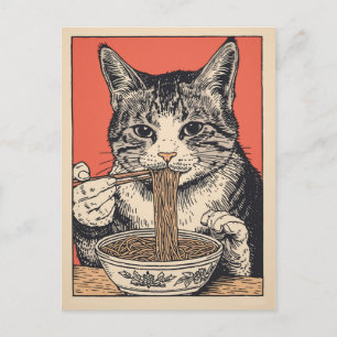 Carte Postale Chat mignon tendance mangeant des ramen japonais