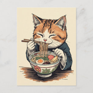 Carte Postale Chat mignon tendance mangeant des ramen japonais