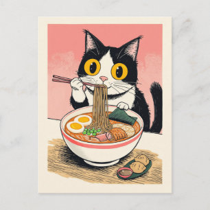 Carte Postale Chat mignon tendance mangeant des ramen japonais