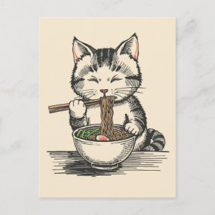 Carte Postale Chat mignon tendance mangeant des ramen japonais