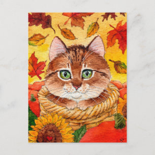 Carte Postale Chat mignonne Automne Panier d'automne Citrouille 