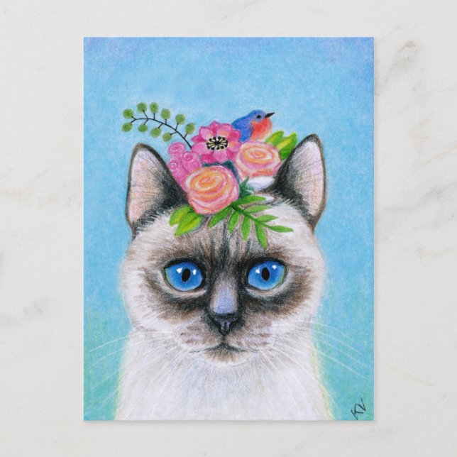 Carte Postale Chat mignonne avec Casquette de fleurs de printemp (Devant)
