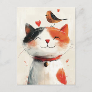 Carte Postale Chat mignonne et amis des oiseaux