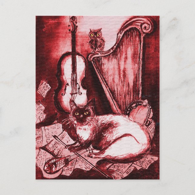 Carte Postale CHAT MUSICAL, Rouge et Blanc (Devant)