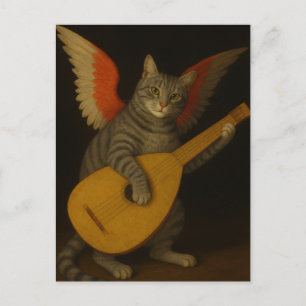 Carte Postale Chat musicien ailé jouant du luth Art