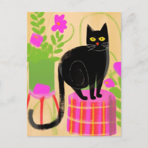 Carte Postale Chat Noir Adorable Avec Plantes