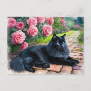 Carte Postale Chat noir allongé près de pivoines roses Amateur d
