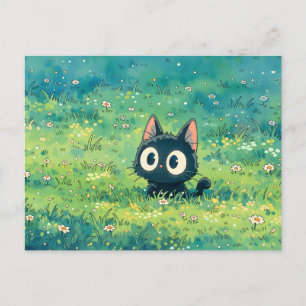 Carte Postale Chat Noir aux Yeux Écarquillés dans une Prairie Ve