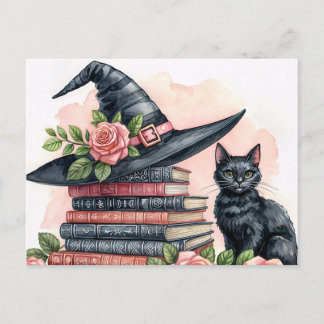Carte Postale Chat noir avec chapeau de sorcière et livres