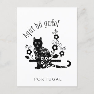 Carte Postale Chat noir avec fleurs et expression portugaise