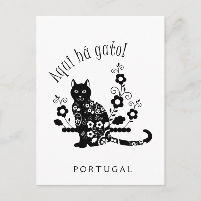 Carte Postale Chat noir avec fleurs et expression portugaise (Devant)