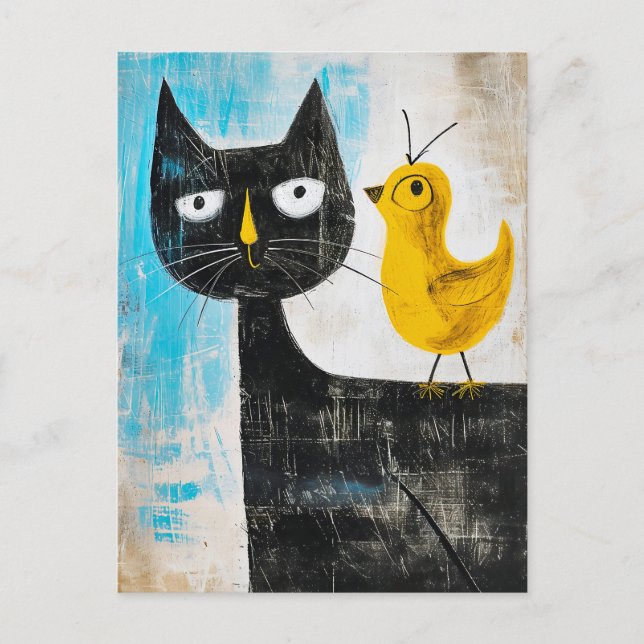 Carte Postale Chat noir avec oiseau jaune sur le dos (Devant)