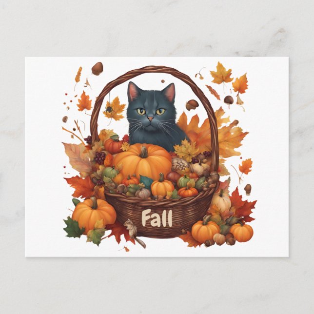 Carte Postale Chat noir avec panier de récolte d'automne (Devant)