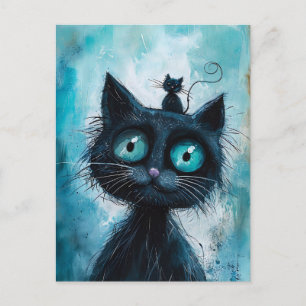 Carte Postale Chat noir avec petit chat sur la tête