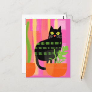 Carte Postale Chat Noir Avec Plantes Rose Vert Orange