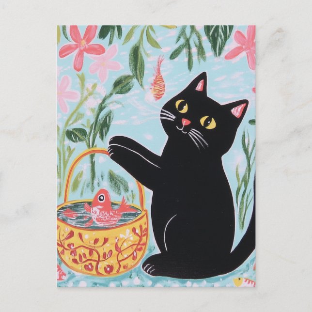 Carte Postale Chat noir avec poisson rouge  (Devant)